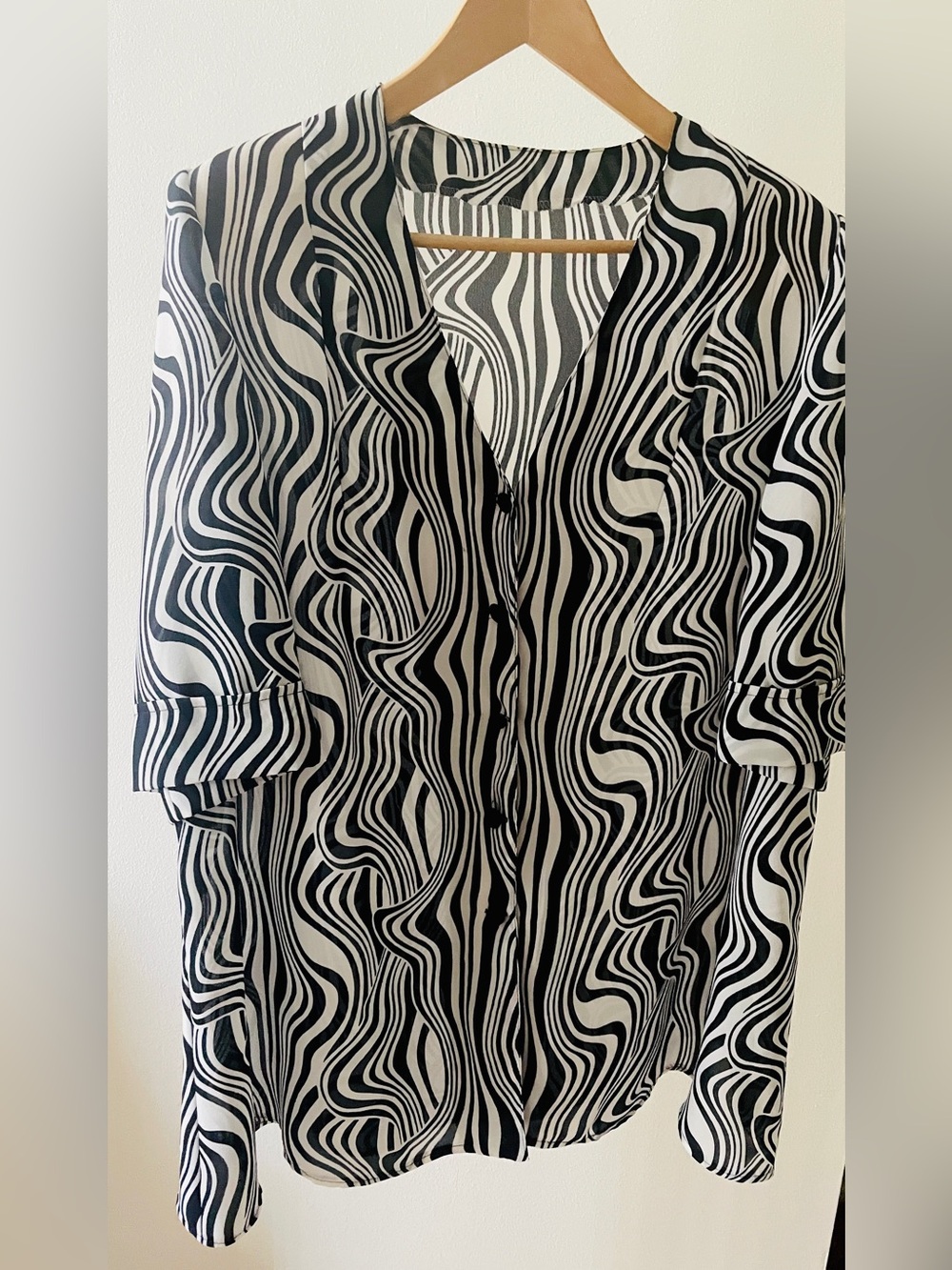 Blue & White Wavy Stripe Button-Up V-Neck Business Blouse XXL Custom Made
